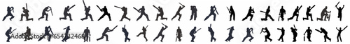 Silhouettes of Cricket players. Batsman hitting different shot in various tournament and leagues. Bats, gloves, stump, cricket ball, pads, abdomen guard. World cup, T20 league, Test match. 