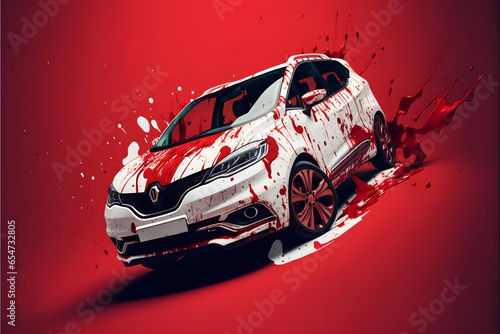 Jeff Lukes modern car ad red paint splatters all over front of car red paint all over front of car white electric car minimal vintage 4k highquality resolution perfect hand and fingers  photo