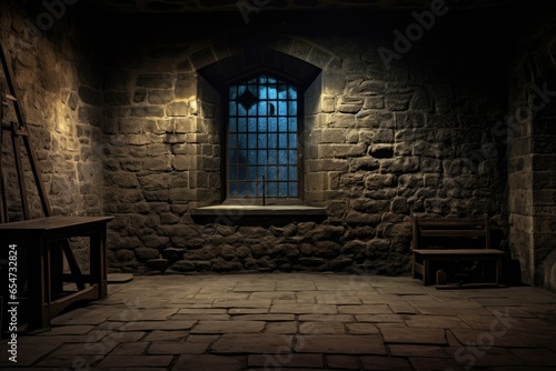 A medieval dungeon with carved stone walls, a barred window and a wooden bench.