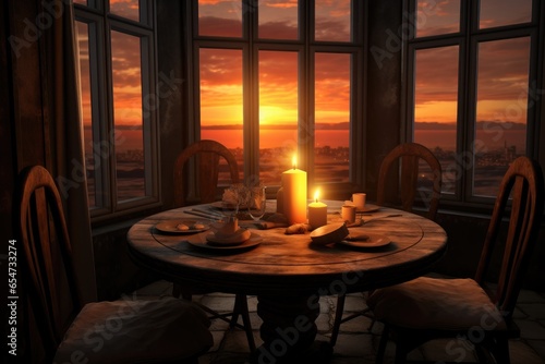 A romantic dinner setup, overlooking a sunset, with lit candles and ornate furnishings.