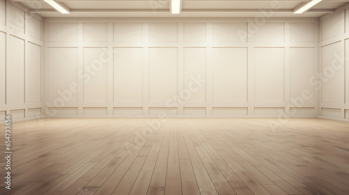 Large empty room with a wooden floor and white wooden room