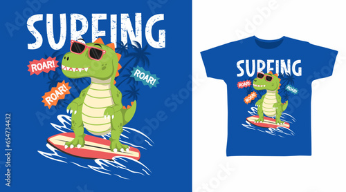 Cute dinosaur surfing tshirt art fashion design.