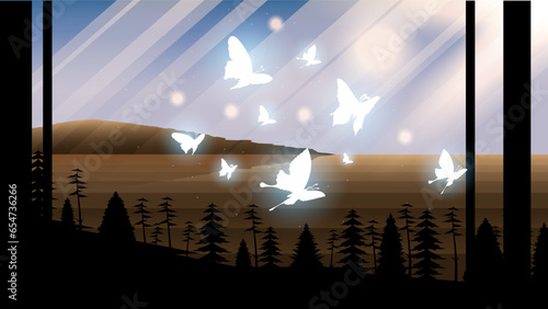 Abstract Dark Background With Butterflies Insects Glow Light Shine Flashes Vector Design Style