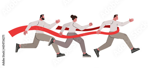 People characters crossing finish line. Team leader tears red finish ribbon. Concept of professional competition, leadership, teamwork. Flat vector illustration of runners isolated on white background