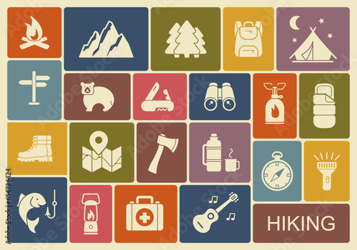 A set of flat icons on the theme of hiking and outdoor recreation