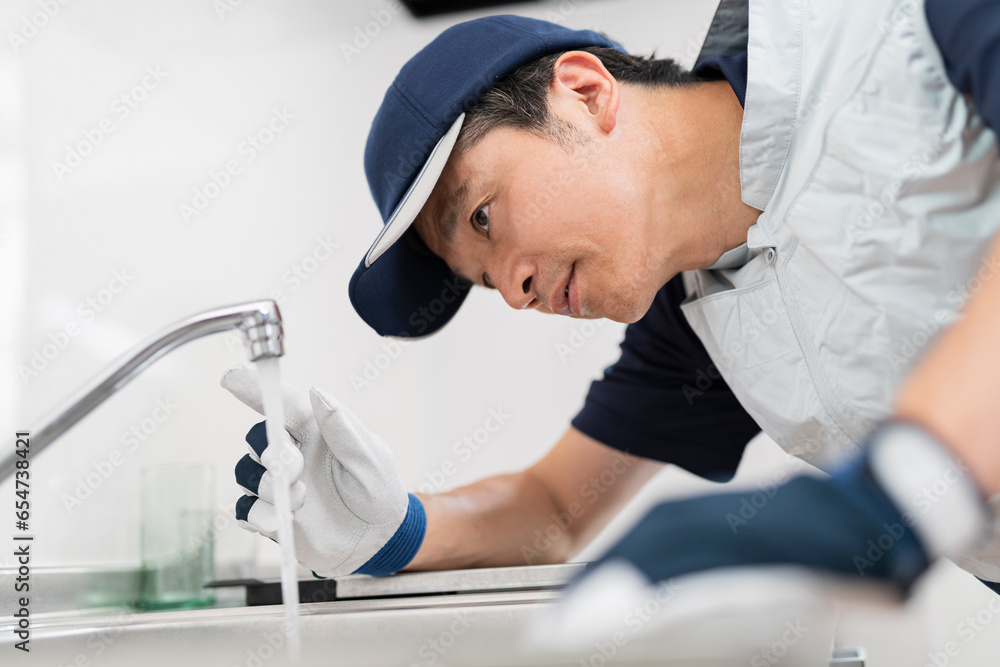 Naklejka premium 蛇口の点検をする作業員の男性