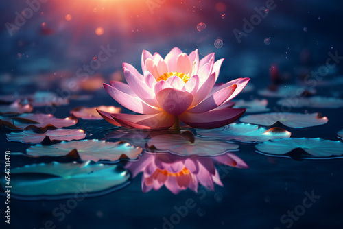 Lotus flower in full bloom  peacefully floating on the mirrored surface of a serene lake. Ai generated