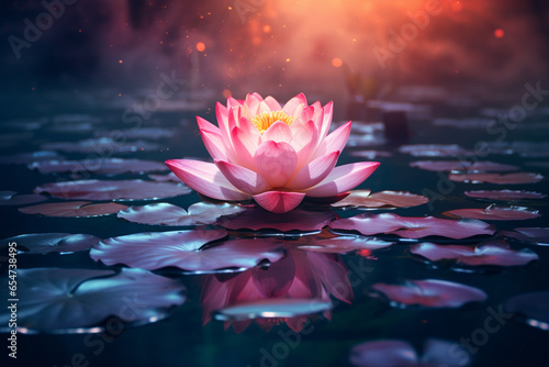 Lotus flower in full bloom  peacefully floating on the mirrored surface of a serene lake. Ai generated