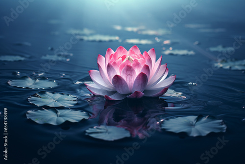 Lotus flower in full bloom  peacefully floating on the mirrored surface of a serene lake. Ai generated