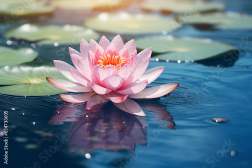 Lotus flower in full bloom  peacefully floating on the mirrored surface of a serene lake. Ai generated