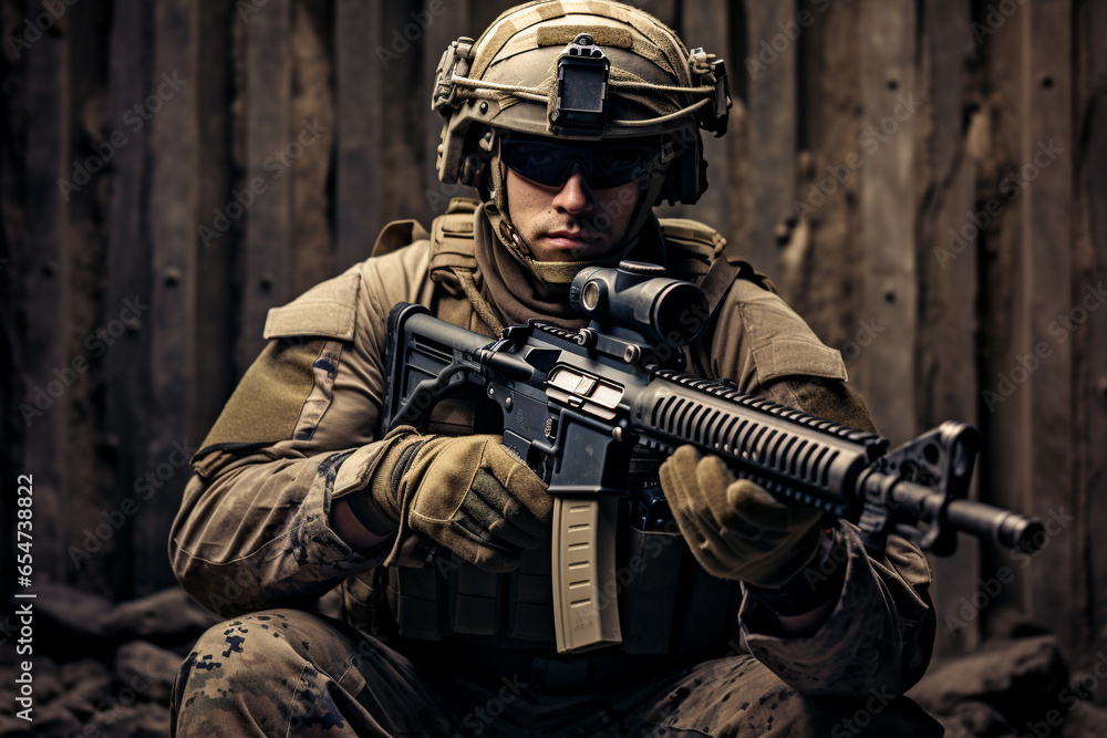 Fototapeta premium Fully equipped army soldier on a high-stakes mission, amidst the chaos and challenges of the battlefield. Ai generated