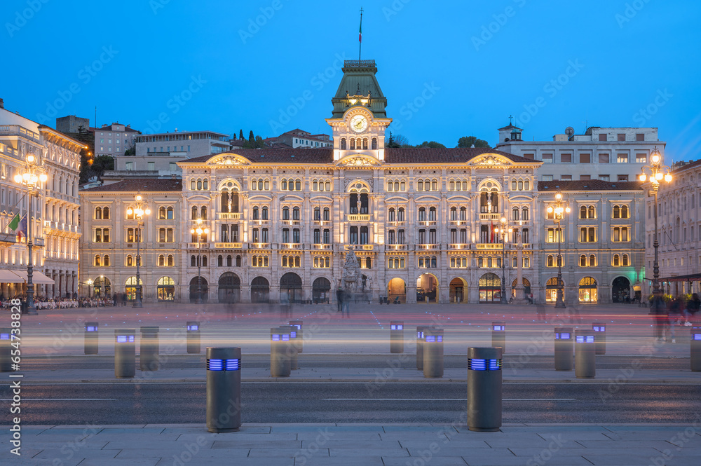 Dusk's Sublime Glow - City Hall's Elegance Shines on Piazza dell'Unità in Trieste, Italy,