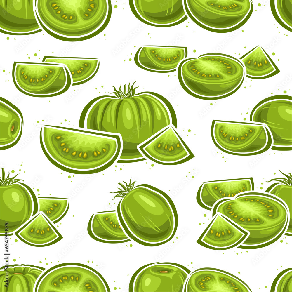 Vector Green Tomato seamless pattern, repeating background with still life compositions of tomatoes for bed linen, decorative square poster with group of flat lay sour tomato fruits for home interior Vector Green Tomato seamless pattern, repeating background with still life compositions of tomatoes for bed linen, decorative square poster with group of flat lay sour tomato fruits for home interior