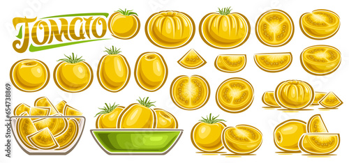 Vector Yellow Tomato Set, collection of cut out cartoon design still life compositions with green leaves, raw juicy oval tomatoes in glass bowl, group of variety farming veggies and yellow text tomato
