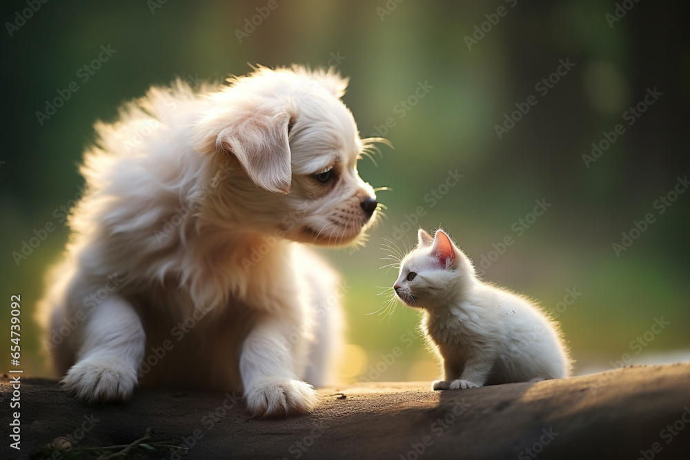 Fototapeta premium The essence of animal friendship, a playful cat and a joyful dog engage in a delightful game together. Ai generated