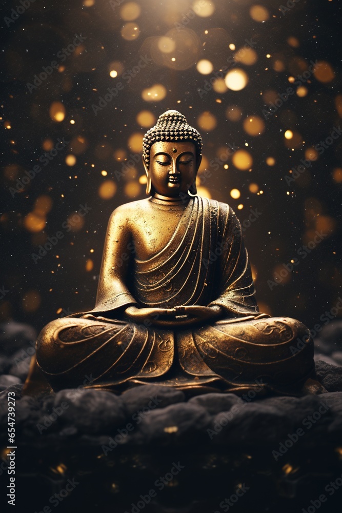 Golden Buddha statue on dark background with stars 