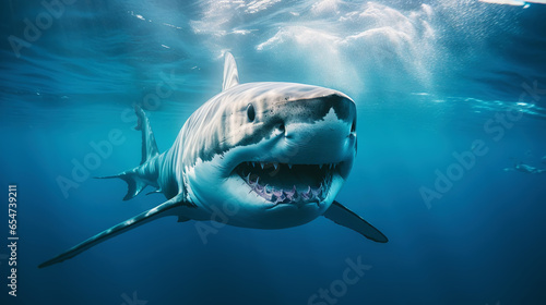 Shark swimming under sun rays in the blue ocean waters. Generative AI