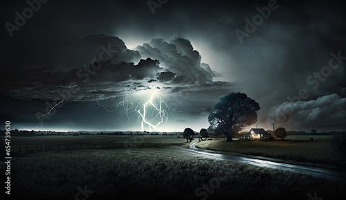 Electric Serenity: A Thunderstorm Illuminating the Tranquil Countryside