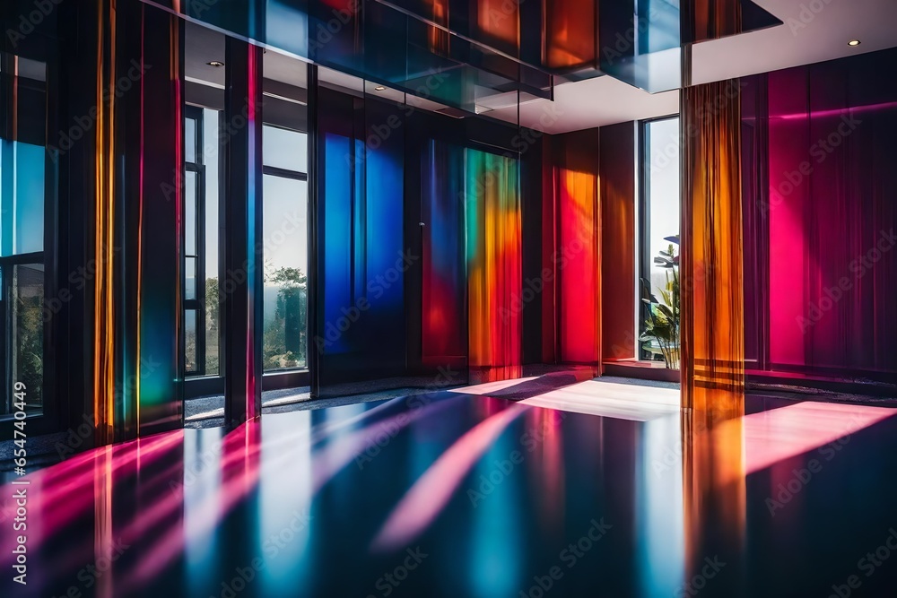 A Photograph capturing a bold, chromogenic moment inside a modern house ...