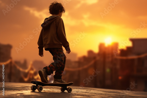 Kid gracefully glides on a skateboard beneath the warm hues of a breathtaking sunset. Ai generated