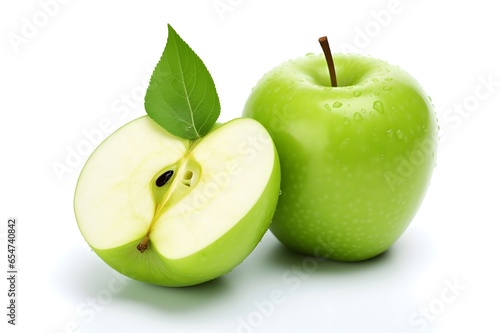 Green apple with leaf and slice on a white background