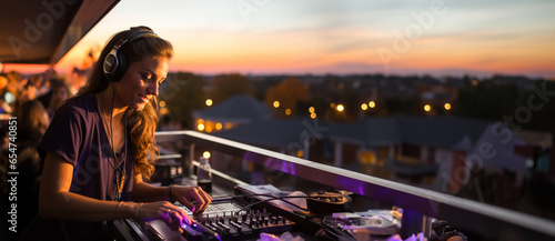 Dj Frau mit Kopfhörer am Balkon übt für Ihren Auftritt im Sonnenuntergang im Querformat für Banner, ai generativ photo