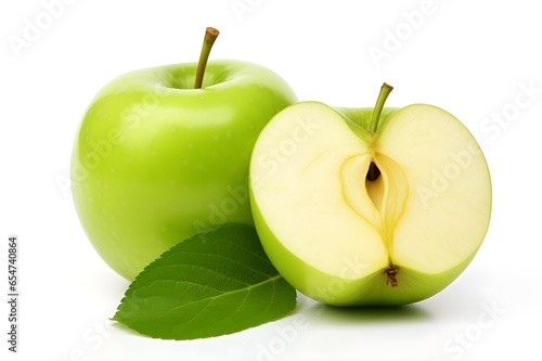 Ripe green apple with leaf and slice on a white background
