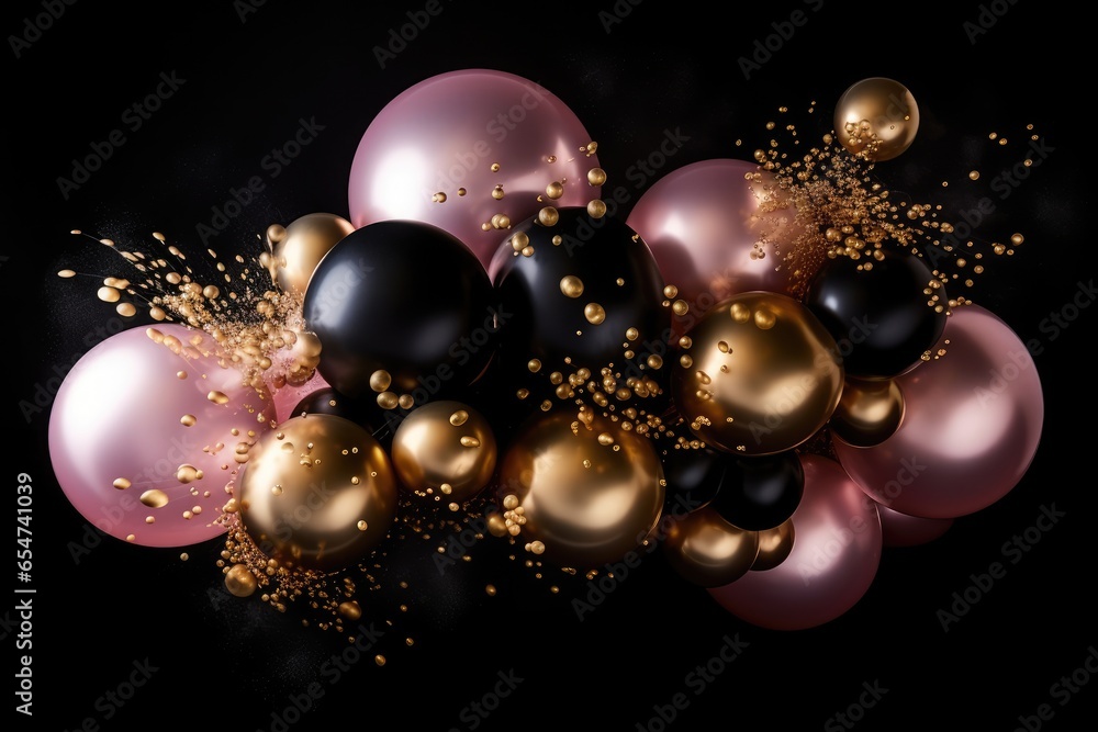 Abstract 3d illustration of black, pink and golden balls in centre on black background. Generative Ai Abstract 3d illustration of black, pink and golden balls in centre on black background. Generative Ai