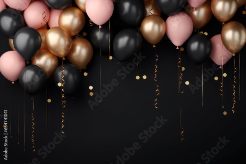 Black, pink and golden balloons on black background. 3D Rendering. Generative Ai