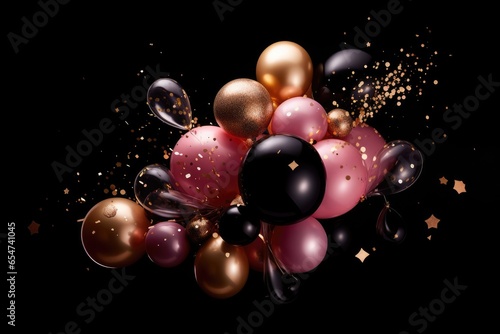 Festive background with balloons and confetti on black. 3d rendering. Generative Ai