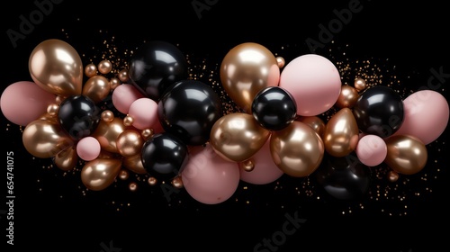 Black, pink and gold balloons on black background. 3d rendering. Generative Ai