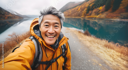 Smiling senior gray-haired asian man taking selfie while hiking in nature in autumn