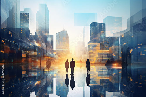 Urban Synergy  Business Buildings and People Double Exposure Artistic Background. Ai generated