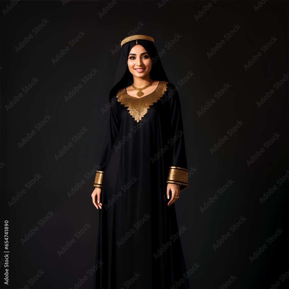 Beautiful young muslim woman in traditional costume on black background. Beautiful young muslim woman in traditional costume on black background.
