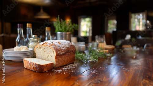 Frisches Brot in der Küche selbstgemacht im dunkeln Licht auf dem Tisch Querformat für Banner, ai generativ