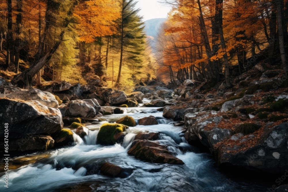Landscape of a mountain river flowing through a forest in autumn colors
