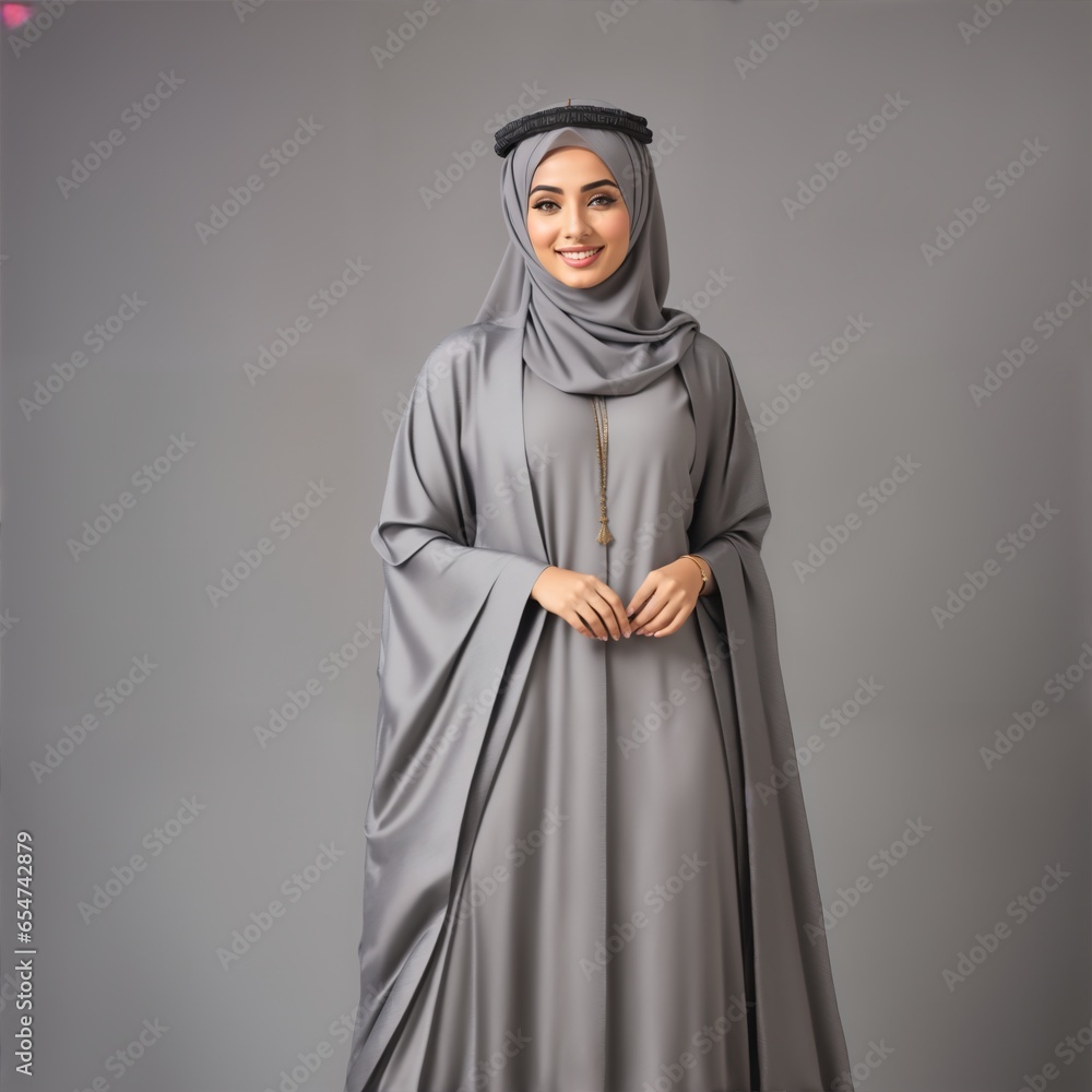 Hijab woman wearing grey dress over grey background with copyspace