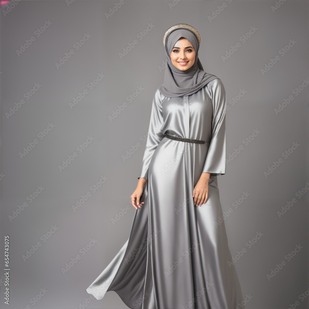 Hijab woman wearing hijab, full length portrait on gray background