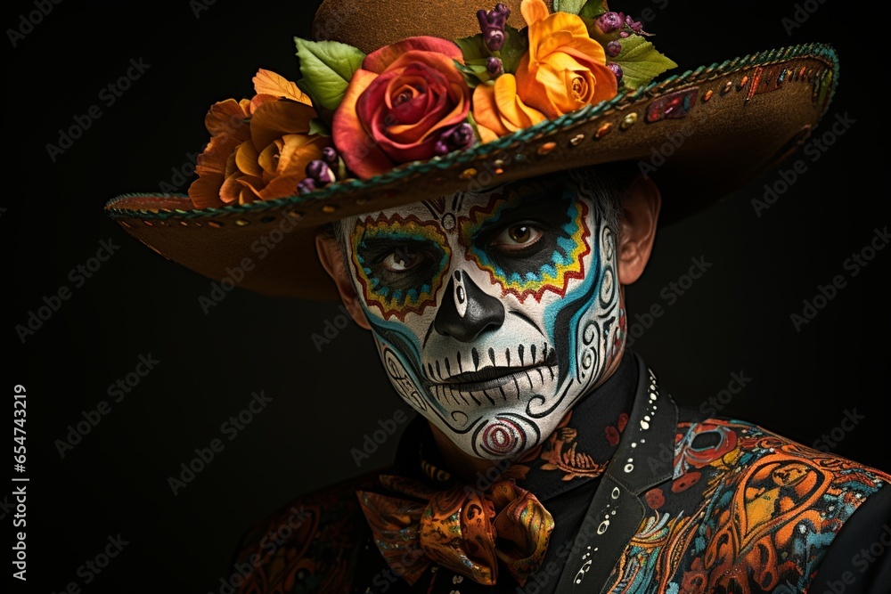 Day of Dead Music Man, A Dia de Muertos Musician Dressed in Vibrant Mexican Garb, Adorned with Exquisite Floral Decorations, Playing His Guitar Amidst the Dia de Muertos Revelry Day of Dead Music Man, A Dia de Muertos Musician Dressed in Vibrant Mexican Garb, Adorned with Exquisite Floral Decorations, Playing His Guitar Amidst the Dia de Muertos Revelry