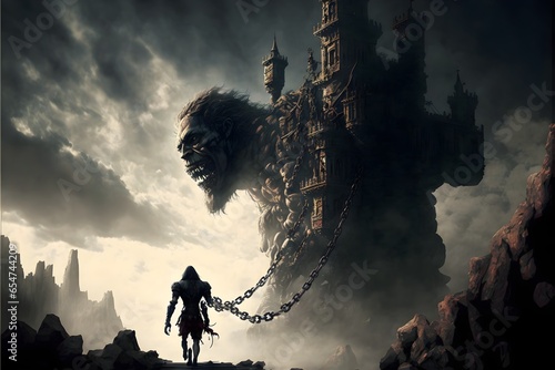 dark fantasy warrior pulling a castle from the sky by a giant chain 