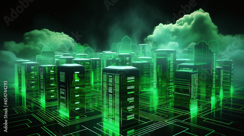 network infrastructure room is lit green