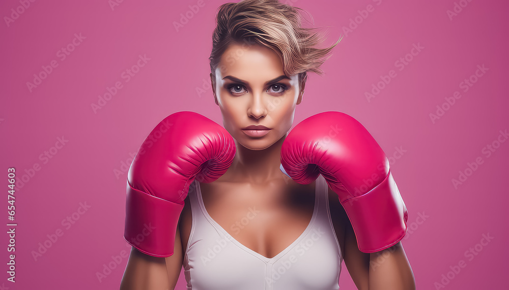 Woman in boxing gloves on pink background - fight against breast cancer