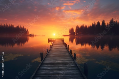 Wooden jetty on a lake at sunrise, Beautiful summer landscape