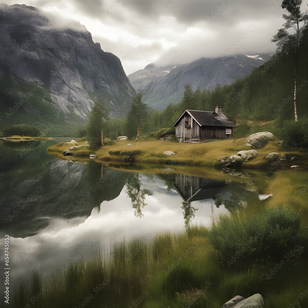 House in the mountains of Norway. Lakes and rivers in the mountains. Beautiful nature. Autumn