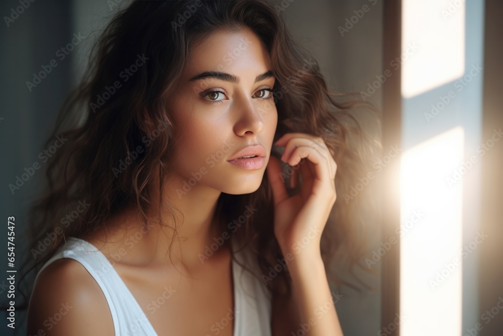 portrait of a woman looking at self reflection in mirror portrait of a woman looking at self reflection in mirror