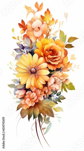 Watercolor Illustration of Bouquet with Autumn Flowers