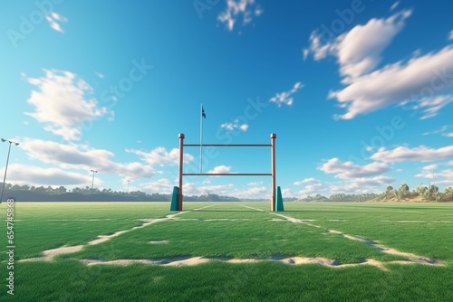 3D rendering rugby field, ball, goal posts. Generative AI photo