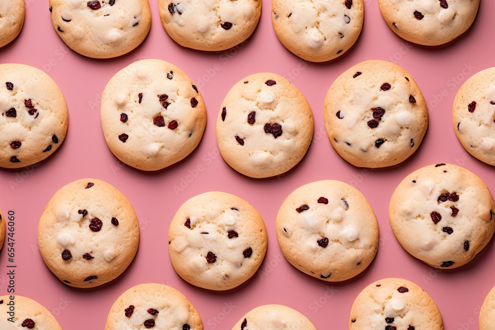 Fresh cranberry and white chocolate cookies on a pink background Fresh cranberry and white chocolate cookies on a pink background