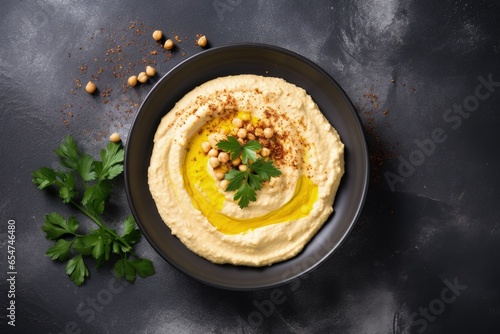 Hummus with spices on a black plate top view