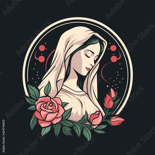 vector illustration of Our Lady Virgin Mary Mother of Jesus,  Holy Mary in roses, printable, suitable for logo, sign, tattoo, laser cutting, sticker and other print on demand